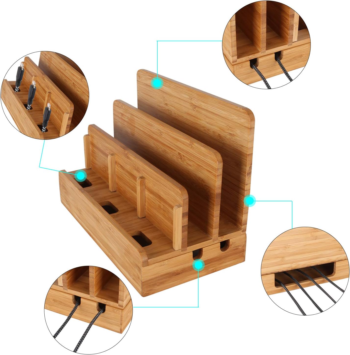 Bamboo Wood Multi-Device Desktop Dock Station Charger Holder Charging Cradle Charge Stand Compatible for iPhone 16 15 14 13 12 11 Pro Max XS XR X iPad 3 4 Mini Pro Air Samsung Huawei Smartphones