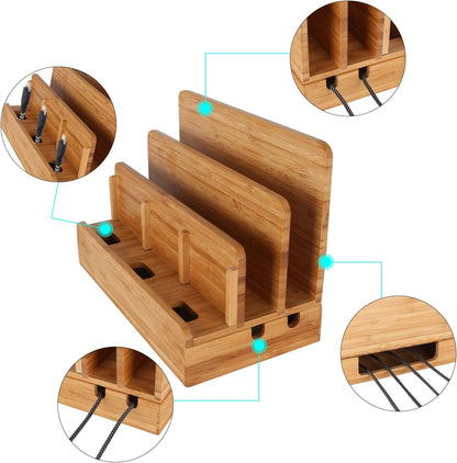 Bamboo Wood Multi-Device Desktop Dock Station Charger Holder Charging Cradle Charge Stand Compatible for iPhone 16 15 14 13 12 11 Pro Max XS XR X iPad 3 4 Mini Pro Air Samsung Huawei Smartphones