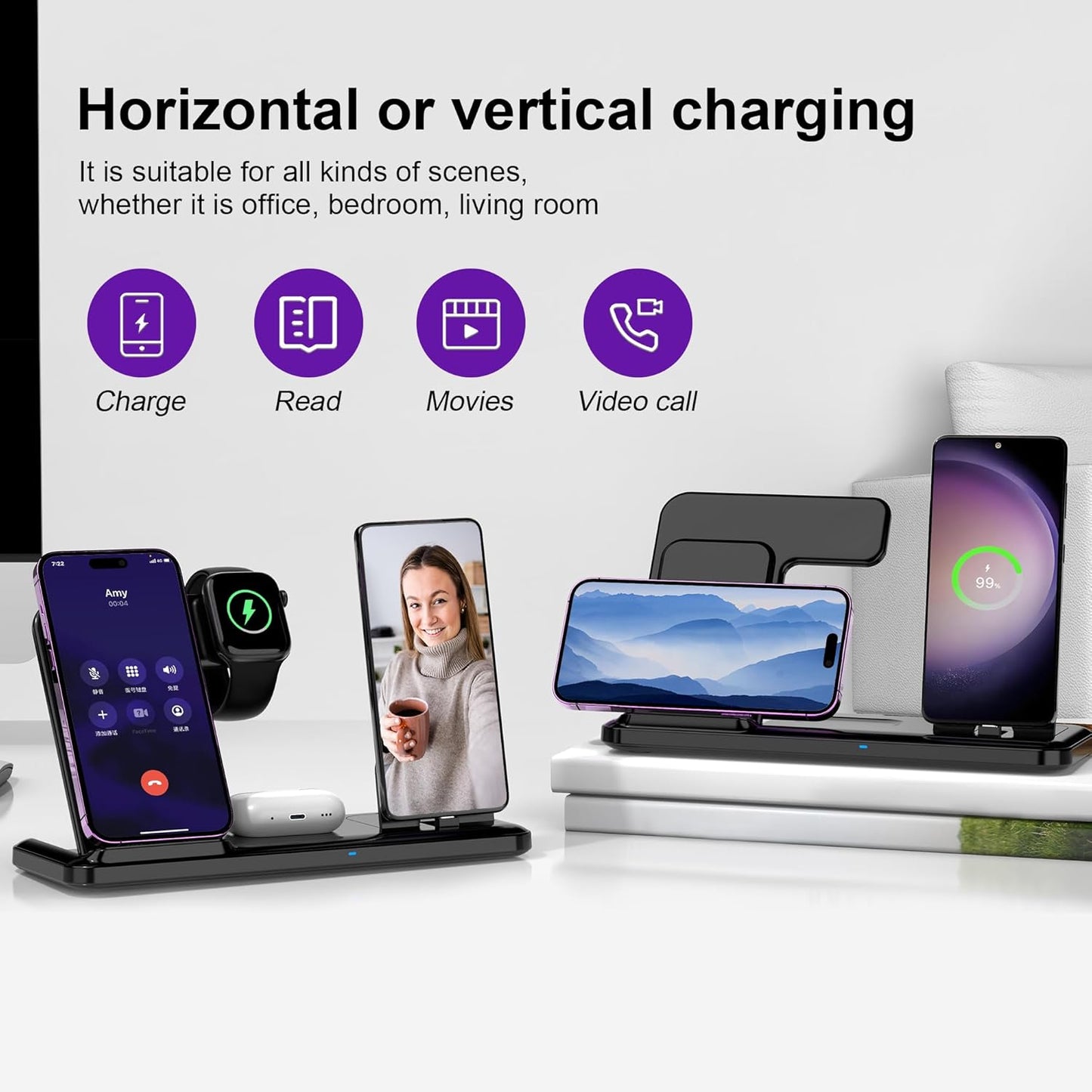 Wireless Charger for iPhone Charging Station, Foldable 4 in 1 Fast Charging for iPhone 16 15 14 13 12 Pro Max Plus, Charger Stand for Apple Watch & Airpods 4 3 2 Pro,for Samsung Series Black