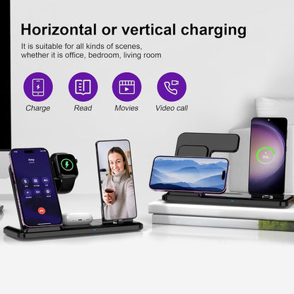 Wireless Charger for iPhone Charging Station, Foldable 4 in 1 Fast Charging for iPhone 16 15 14 13 12 Pro Max Plus, Charger Stand for Apple Watch & Airpods 4 3 2 Pro,for Samsung Series Black