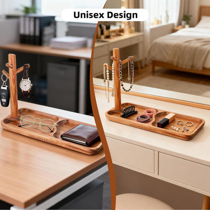 Acacia Wood Key Tray for Entryway Table, Wooden Catchall Organizer with Jewelry Storage Rack, Valet Tray for Keys Wallet Watches Sunglasses Rings(Rectangle)