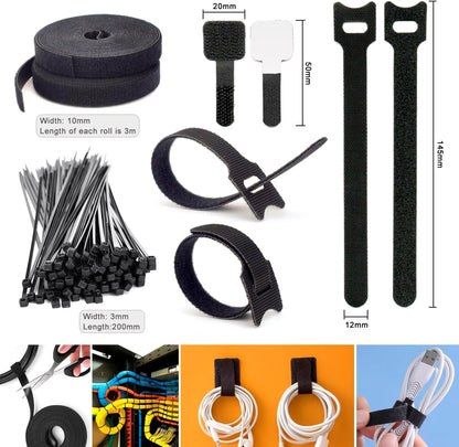 ZIIYAN 163 PCS Cable Management Kit, 3 Wire Organizer Sleeve, 8 Self Adhesive Cable Holder, 25 Cord Clips, 20+2 Roll Reusable Cable Straps and 100 Fastening Cable Ties for Computer TV Under Desk