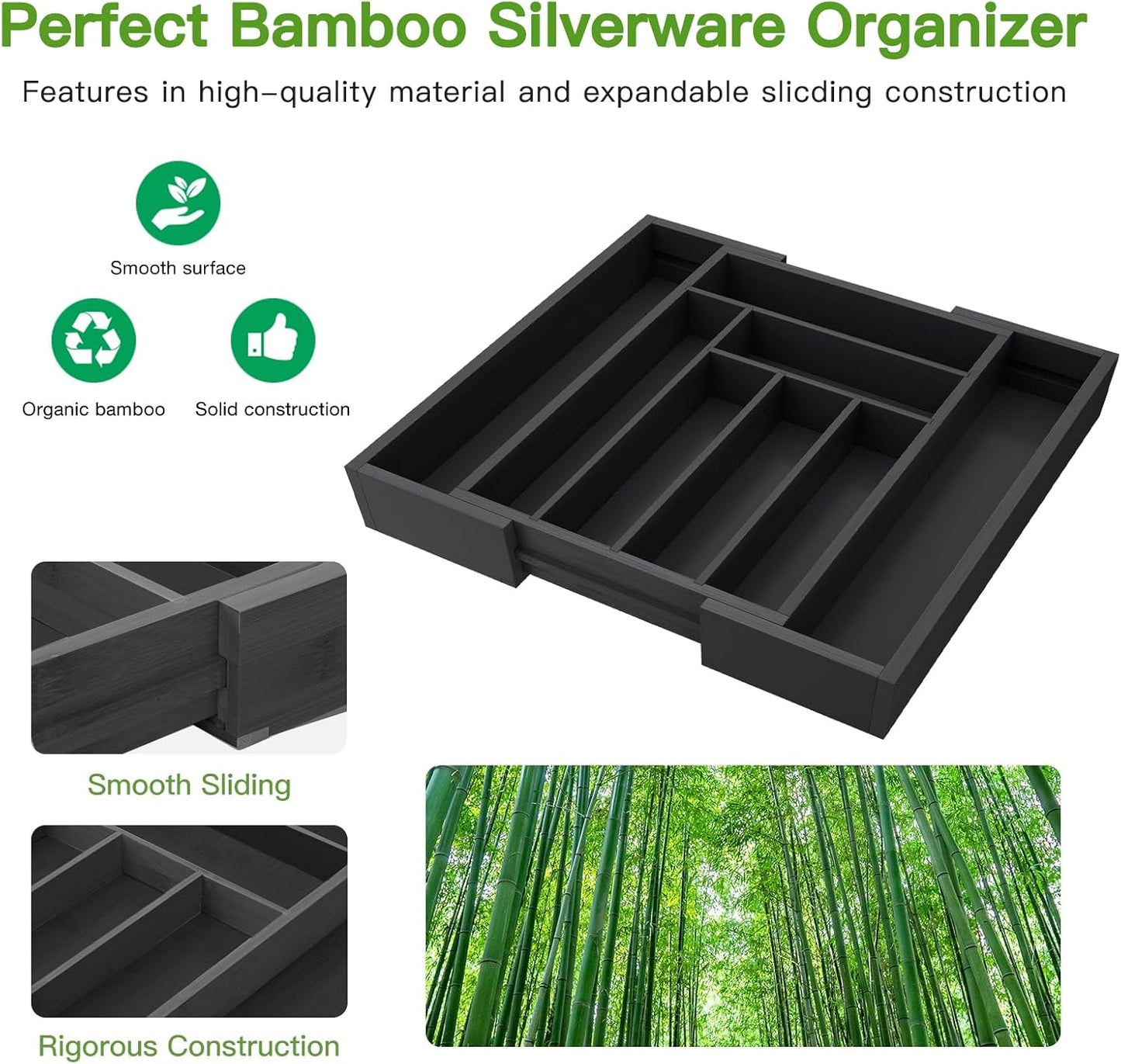 Pipishell Bamboo Expandable Silverware Drawer Organizer, Adjustable Kitchen Utensil Tray for Forks, Spoons and Knives, Wood Storage Cutlery Holder for Bedroom and Living Room