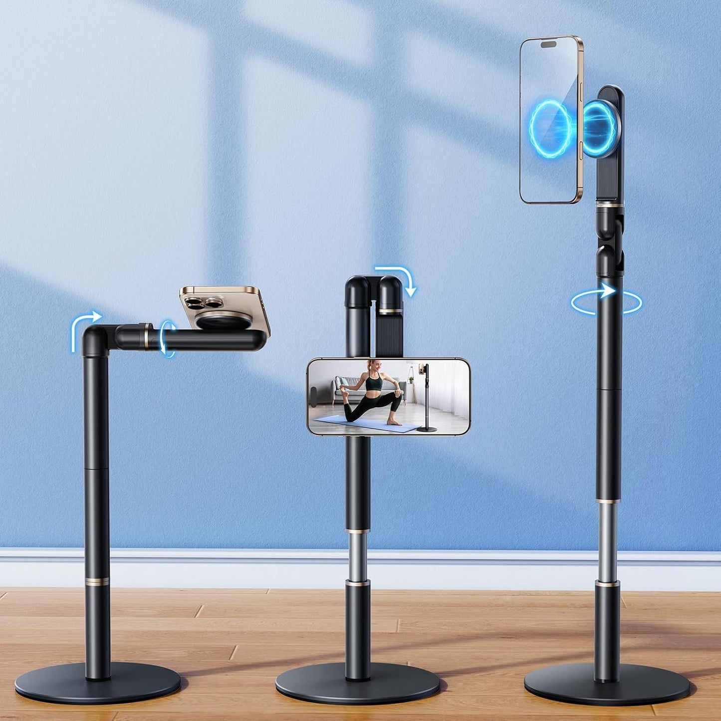 Angle Height Adjustable Magnetic Phone Stand for Desk [10"-25"] - Retractable Cell Phone Holder for Video Recording Cooking Excising Working -Aluminum iPhone 17 16 15 14 Pro Max Air Stand