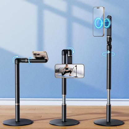 Angle Height Adjustable Magnetic Phone Stand for Desk [10"-25"] - Retractable Cell Phone Holder for Video Recording Cooking Excising Working -Aluminum iPhone 17 16 15 14 Pro Max Air Stand