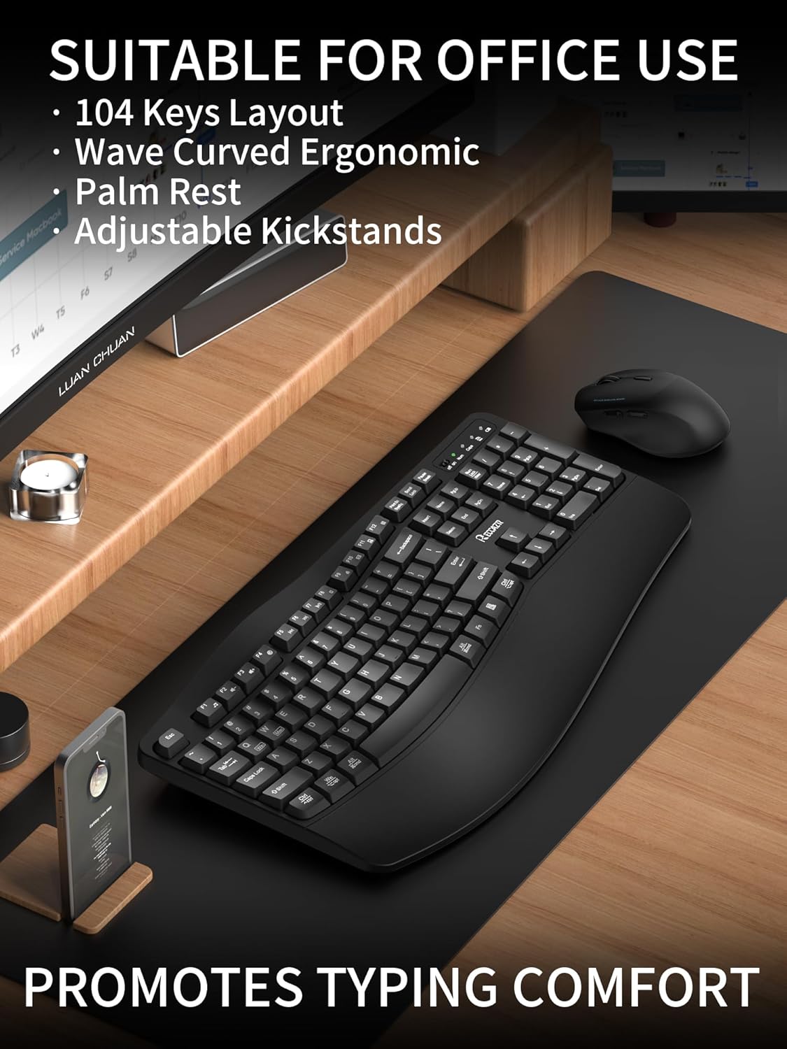 Wireless Keyboard and Mouse Combo,2.4G Full Size Wave Keys Ergonomic Keyboard with Wrist Rest for Natural Typing, 3 DPI Adjustable Ergonomic Silent Mouse for Computer/Laptop/Windows/Mac (Gray)