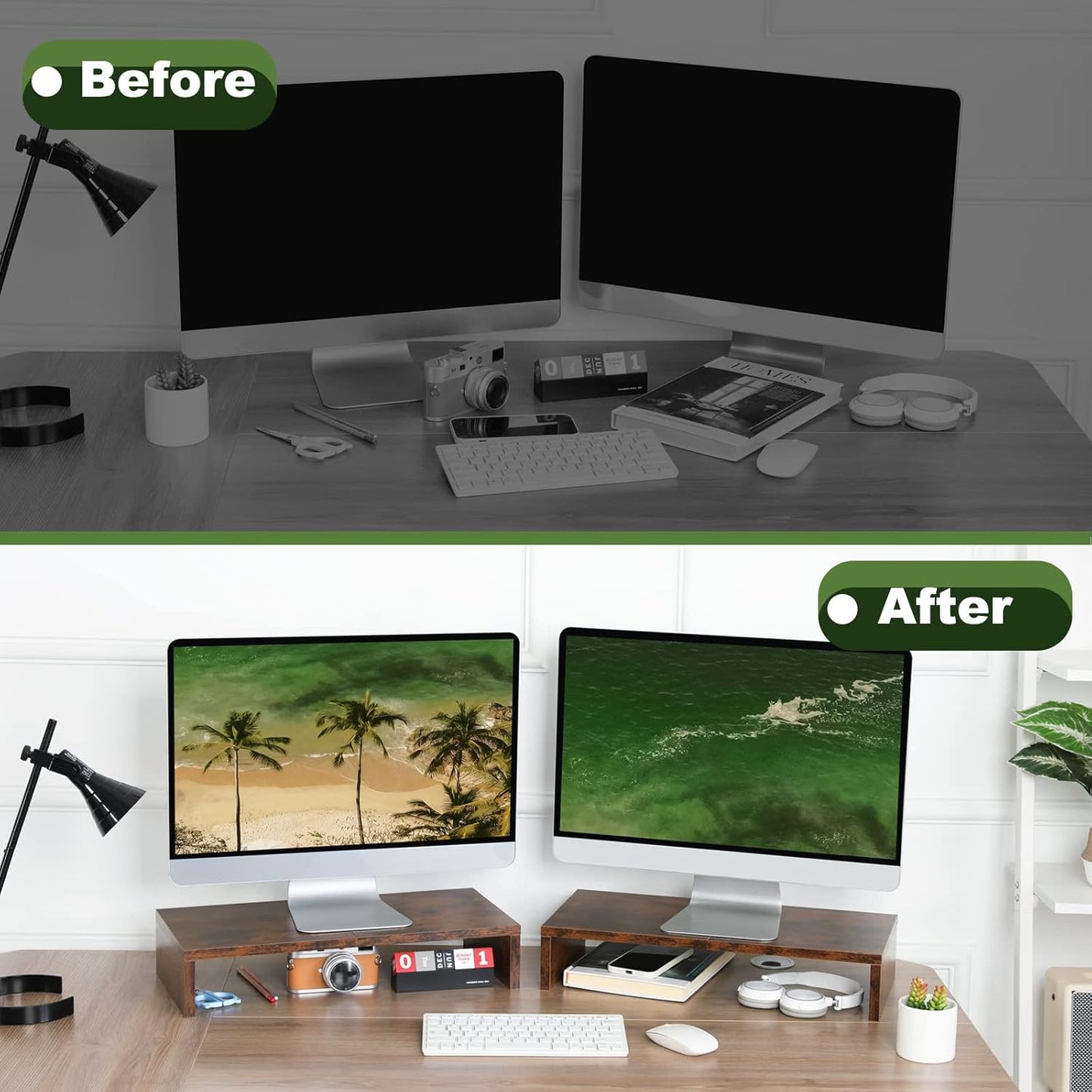 TEAMIX 20 inch White Monitor Stand Riser, Wood Desktop Stand for PC/TV/Laptop/Printer, White Monitor Riser with Storage, Computer Stand with Keyboard Organizer