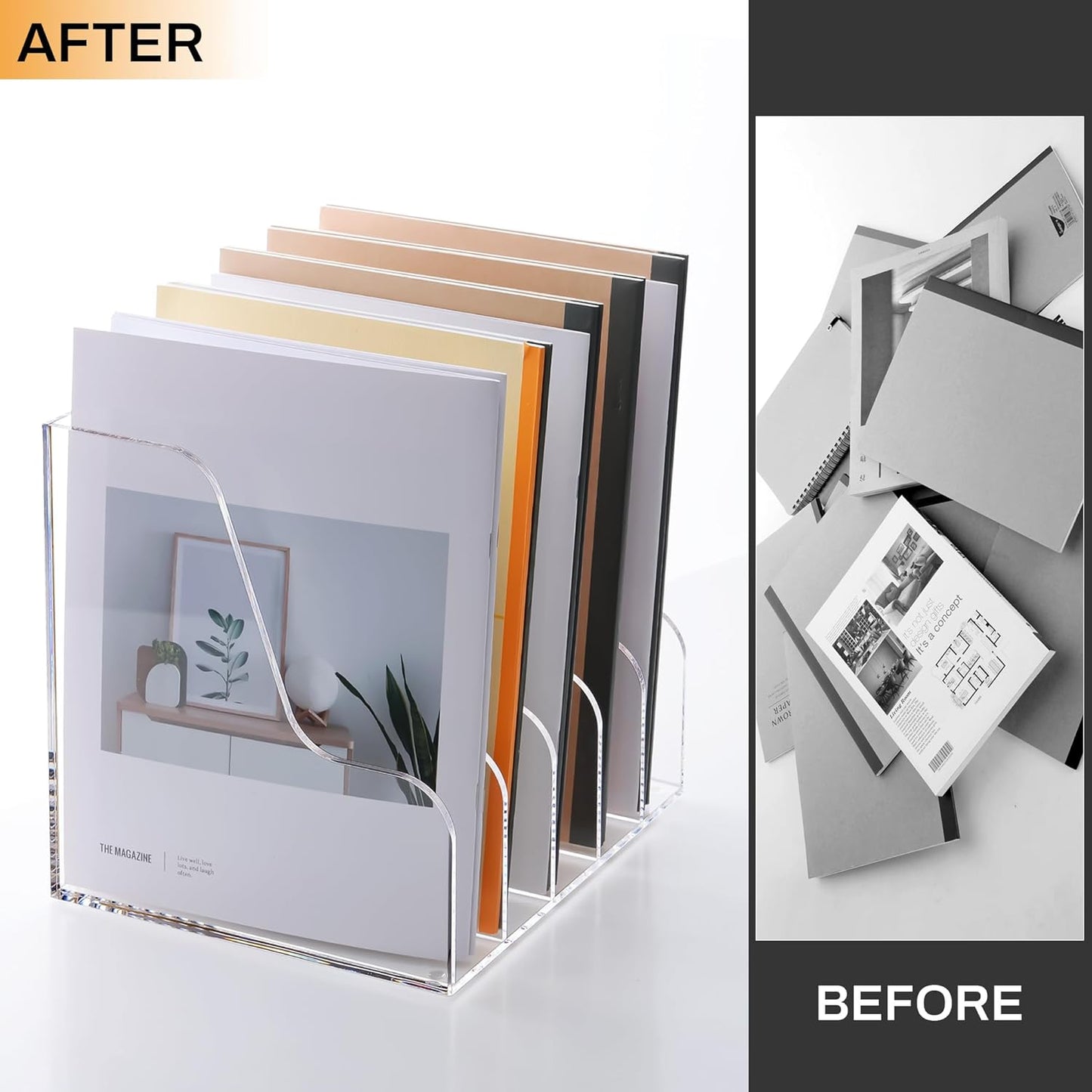SANRUI Acrylic File Organizer, Clear Magazine File Holder Desk Organizer for Office Organization and Storage with 5 Vertical Compartments, Desktop Bookshelf for Home Office Organization