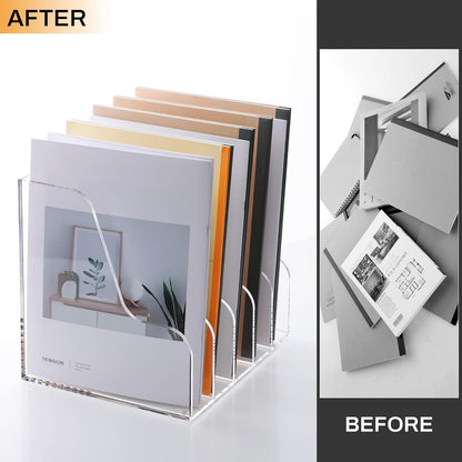 SANRUI Acrylic File Organizer, Clear Magazine File Holder Desk Organizer for Office Organization and Storage with 5 Vertical Compartments, Desktop Bookshelf for Home Office Organization
