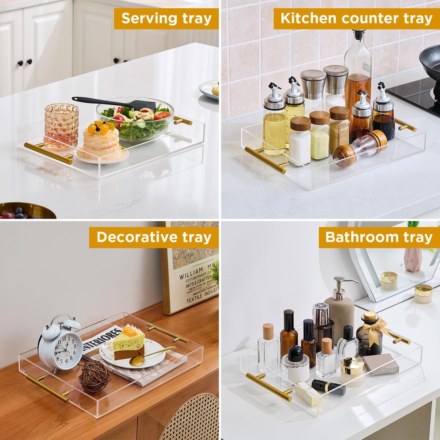 12"x16" Clear Acrylic Serving Tray with Golden Handles, Sturdy Huge Capacity Acrylic Tray for Coffee, Juice, Kitchen and Desk Organizer, Storage Tray (12"x16")