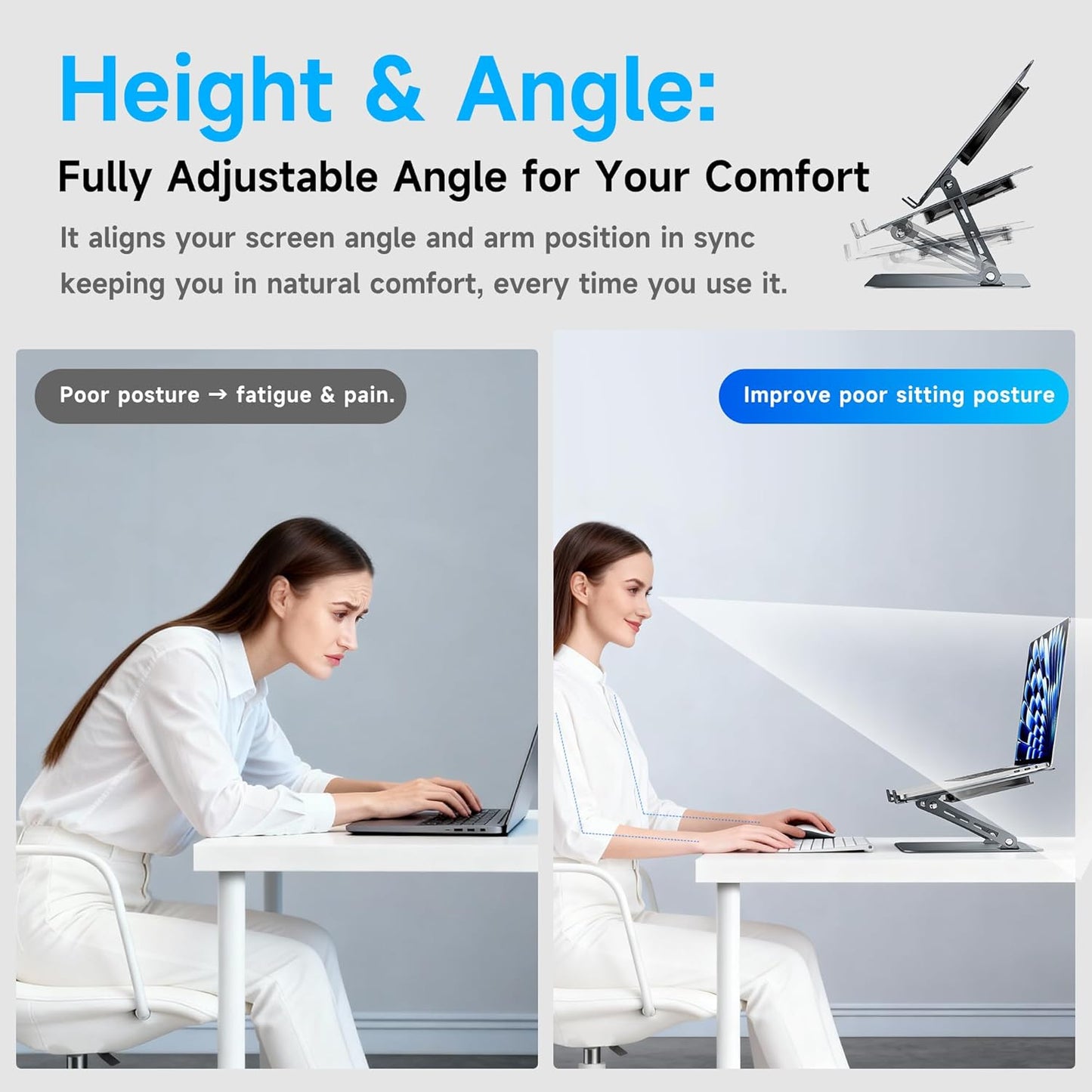 Laptop Stand - Adjustable Ergonomic Laptop Riser, Portable Foldable Aluminum Laptop Holder Perfect for Desk, Bed, Couch & Lap - Space Saving - Silver