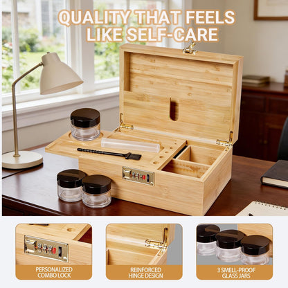 Bamboo Wood Desktop Organizer with 3 Glass Jars and Sliding Tray - Red Multi-Compartment Storage Case for Craft Supplies, Stationery, and Small Accessories (Pink)