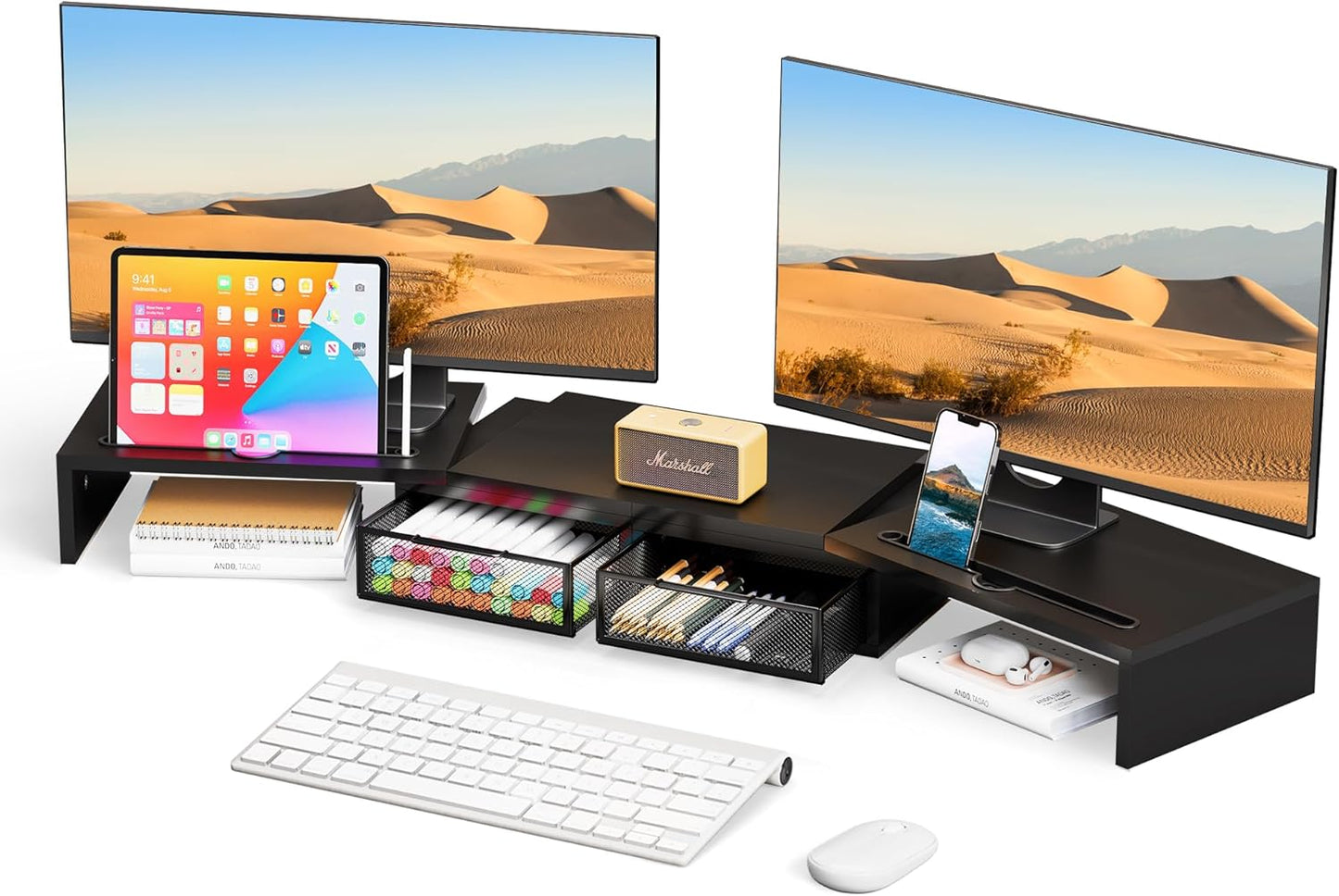 ZIFTY Dual Monitor Stand Riser for 3 Monitors, Desk Organizer with 2 Drawer and Smartphone Holder, Adjustable Length & Angle Workspace Organizers for Monitors Laptop Printer Computer, White