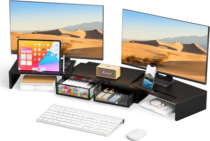 ZIFTY Dual Monitor Stand Riser for 3 Monitors, Desk Organizer with 2 Drawer and Smartphone Holder, Adjustable Length & Angle Workspace Organizers for Monitors Laptop Printer Computer, White