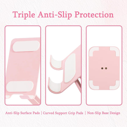 Adjustable Metal Phone Stand for Desk – Foldable 360° Rotating Phone Holder Compatible with iPhone 17/16/15/14 Pro Max/Air, Galaxy S25/S26 & Google Pixel 10a – Pink