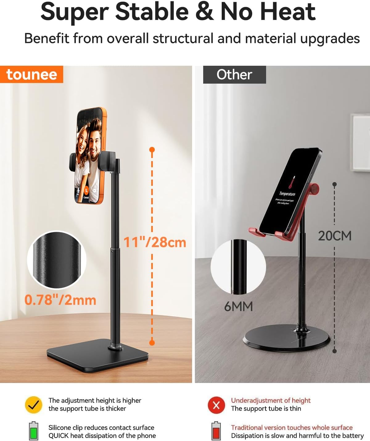 tounee Phone Stand for Desk, 8-11" Height Adjustable Cell Phone Holder for Live Streaming, Video Recording, TikTok – Compatible with iPhone 17/16/15, Samsung, All 4-7" Smartphones -Black