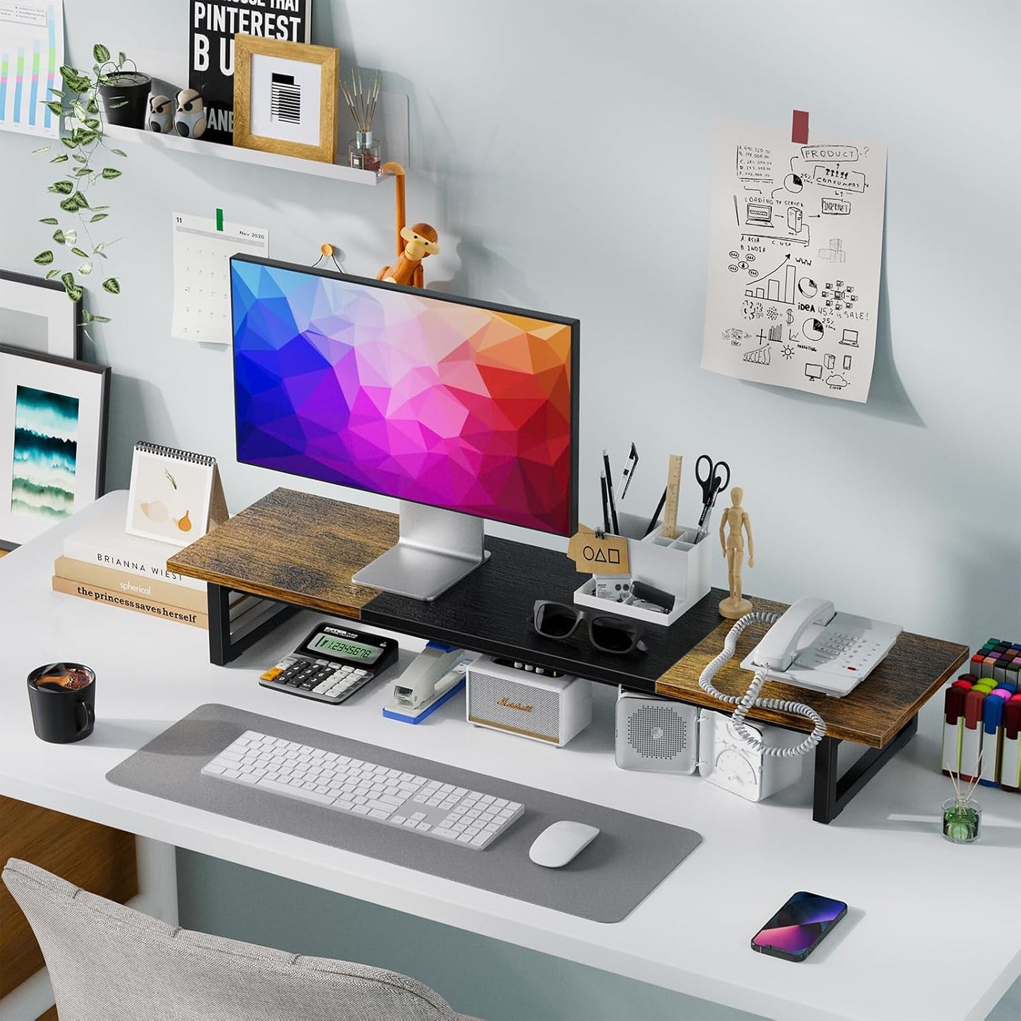 Simple Trending 38 Inch Dual Monitor Stand Riser, Wood and Steel Desktop Organizer for Home Office, Black