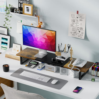 Simple Trending 38 Inch Dual Monitor Stand Riser, Wood and Steel Desktop Organizer for Home Office, Black