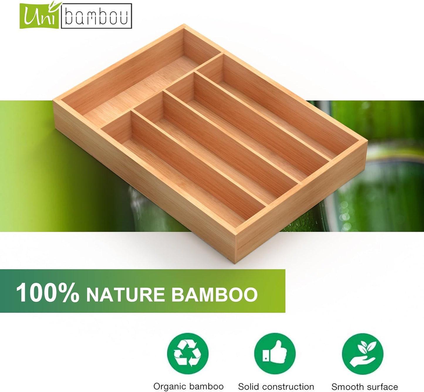 Unibambou Bamboo Utensil Drawer Organizer, Silverware Tray Organizer, Kitchen Drawer Organizer for Flatware Cutlery, (Natural, 3 Slots)