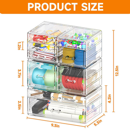 Cq acrylic 2 Pack Clear Desk Organizer With Drawers,Stackable 6 Drawers Skincare Organizer,Cute Skin Care Organizers for Vanity Hair Clip,Jewelry,Beauty Product Desk and Makeup Organizers Countertop