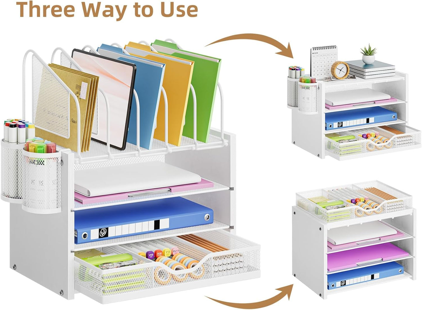 Marbrasse Desk Organizer with Drawer, 4-Tier Mesh File Organizer with 5 Vertical File Holders and 2 Pen Holders, Multifunction Desktop Organizer,Desk Organizers and Accessories for Home Office