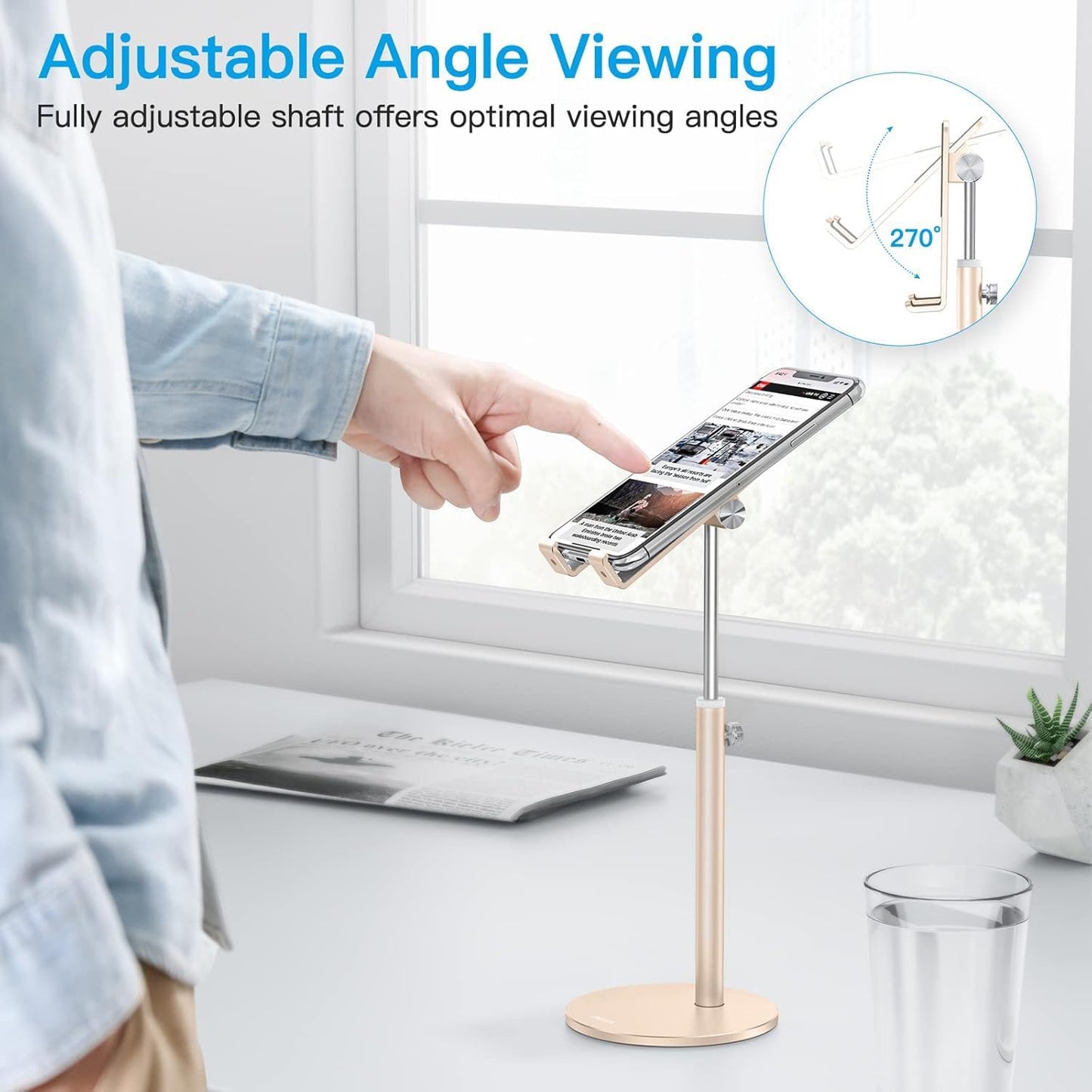 OMOTON Cell Phone Stand, Angle Height Adjustable Phone Holder, Aluminum Desktop Phone Dock for Desk, Compatible with iPhone 17 Pro Max, All Smartphones and Tablets(4-11''), Silver