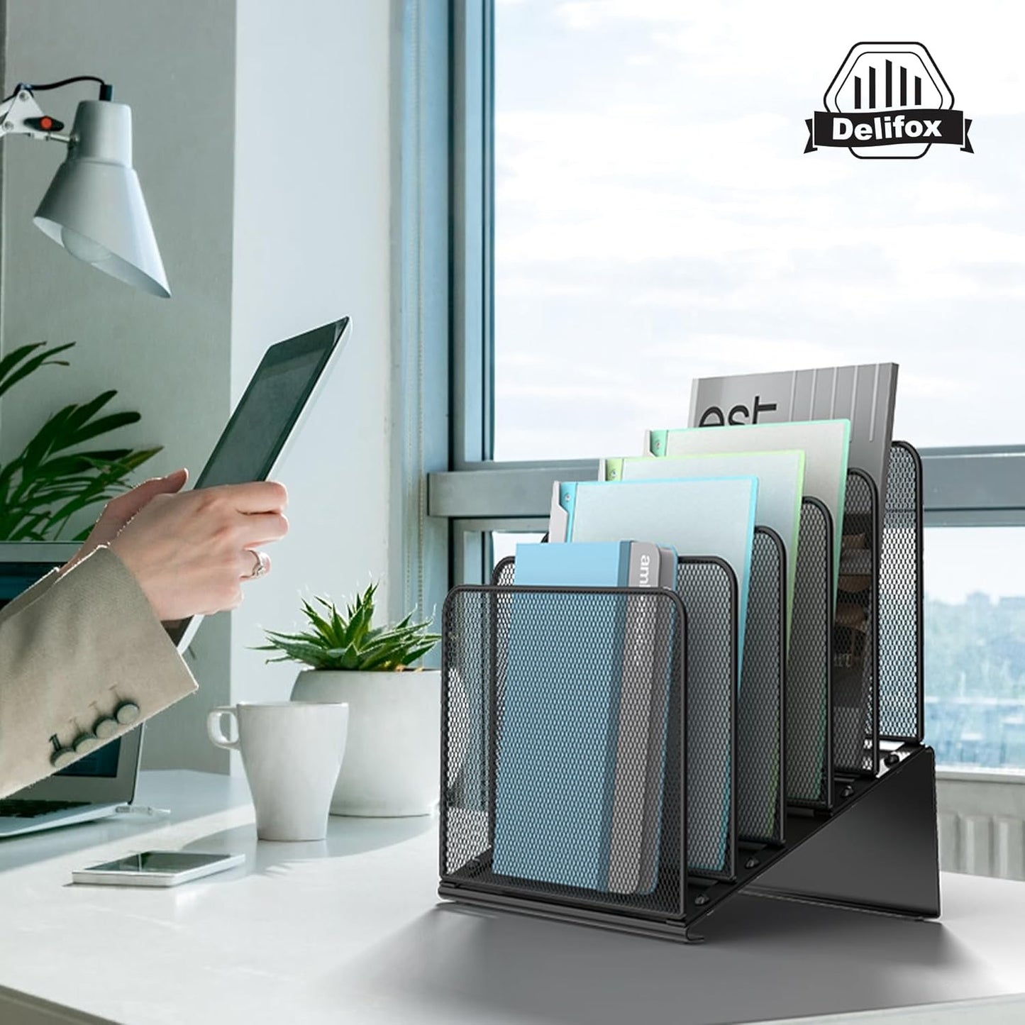 Inclined 5-Section Desk File Organizer, Vertical File Folder Holder File Sorter File Organizer for Desk Desktop Organization for Office Classroom