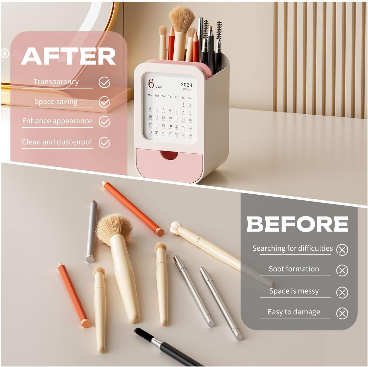 Upgraded Pen Holder with Built-in Calendar - Modern Desk Organizer for Office, School, Home, Premium Silicone Design with Chic Aesthetic, Multi-Functional Stationery & Makeup Storage - Blue