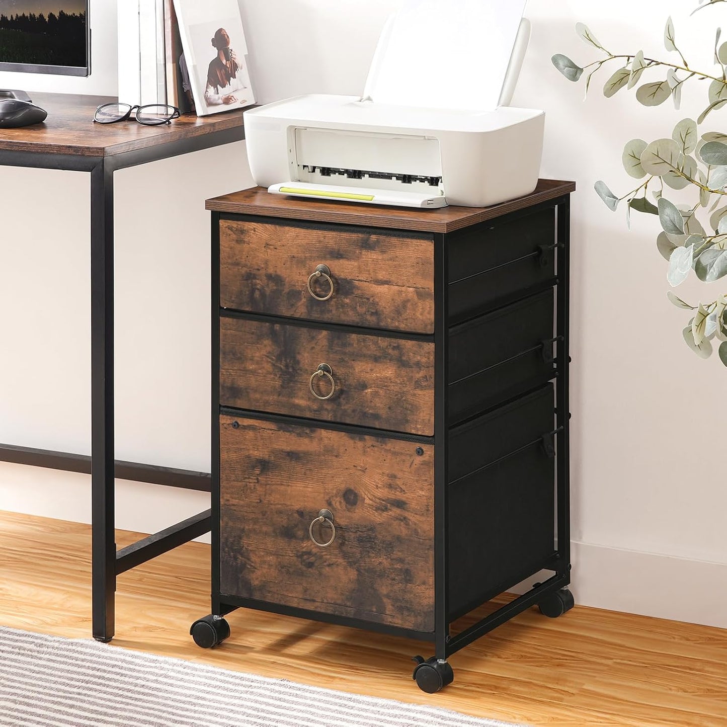 HOOBRO 3-Drawer Mobile File Cabinet, Vertical Filing Cabinet, Under Desk Storage Drawers for Home Office, Rolling Printer Stand, A4/Letter-Sized, Nonwovens Drawer, Rustic Brown and Black BFK30WJ01