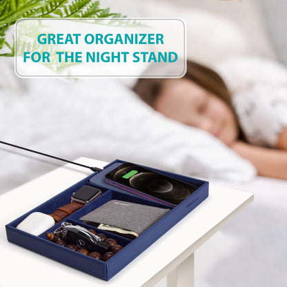 Valet Tray, Built in Wireless Charging Pad, Nightstand Organizer, Dresser Organizer, Mens Jewelry Box, Valet Charging Station, Faux Leather Valet Tray for Men and Women, (Black)