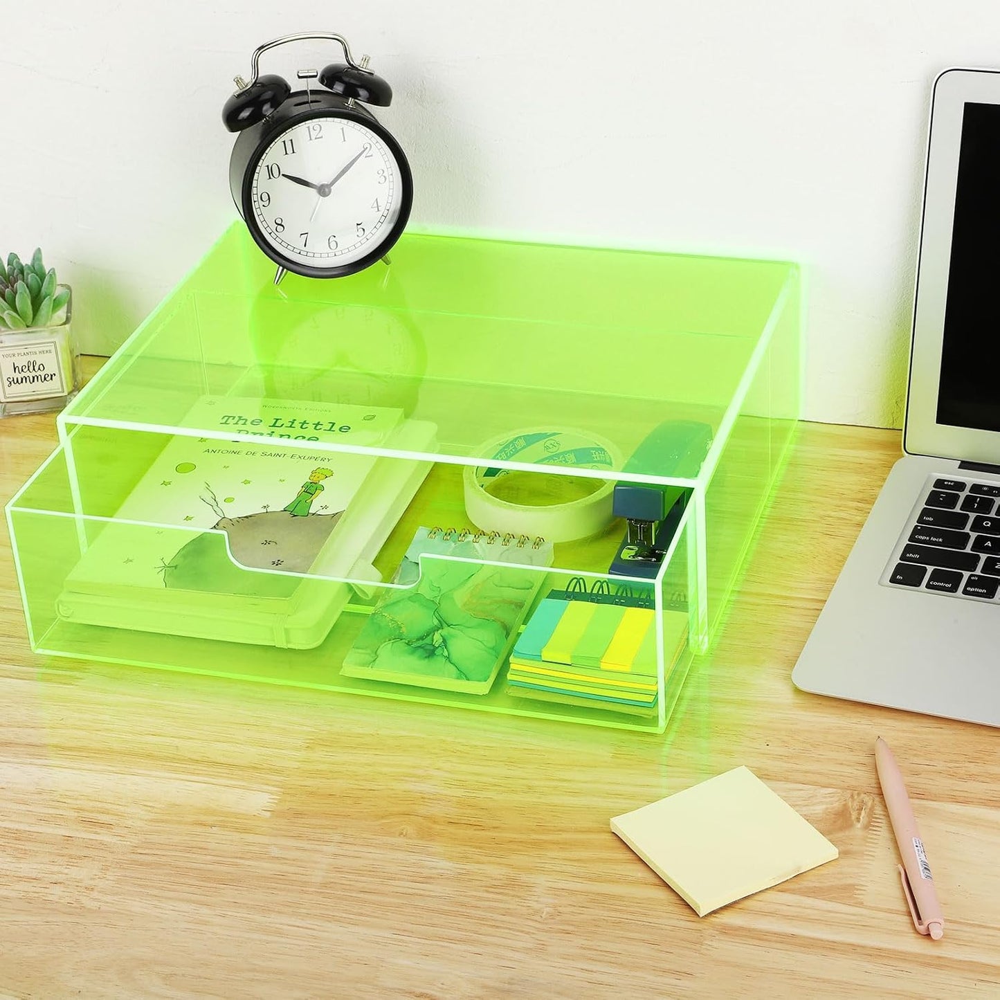Gelite Acrylic Desk Organizer with Drawer for Makeup Vanity Stackable Desktop Storage Box for Office Supplies, 13.8 x 9.8 x 3.9’’, Neon Green