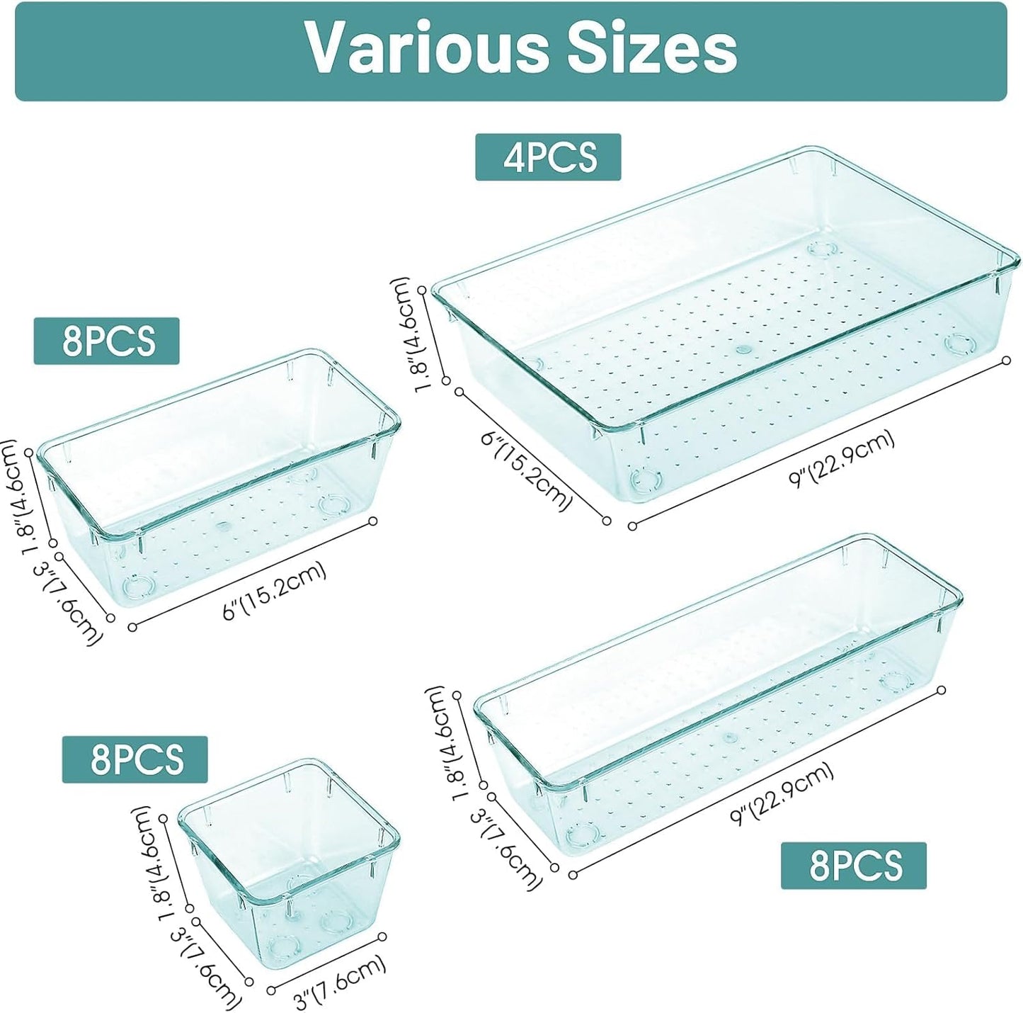 WOWBOX 28 PCS Clear Plastic Drawer Organizer Set, 4 Sizes Desk Drawer Divider Organizers and Storage Bins for Makeup, Jewelry, Gadgets for Kitchen, Bedroom, Bathroom, Office,Sea Blue