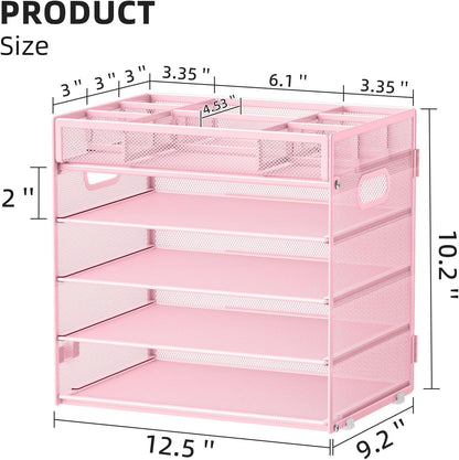Marbrasse 5-Tier Letter Tray Paper Organizer with Handle, Multi-Functional Mesh File Organizer for Desk, Adjustable Compartments Mesh Desktop Storage for Office Supplies,Black