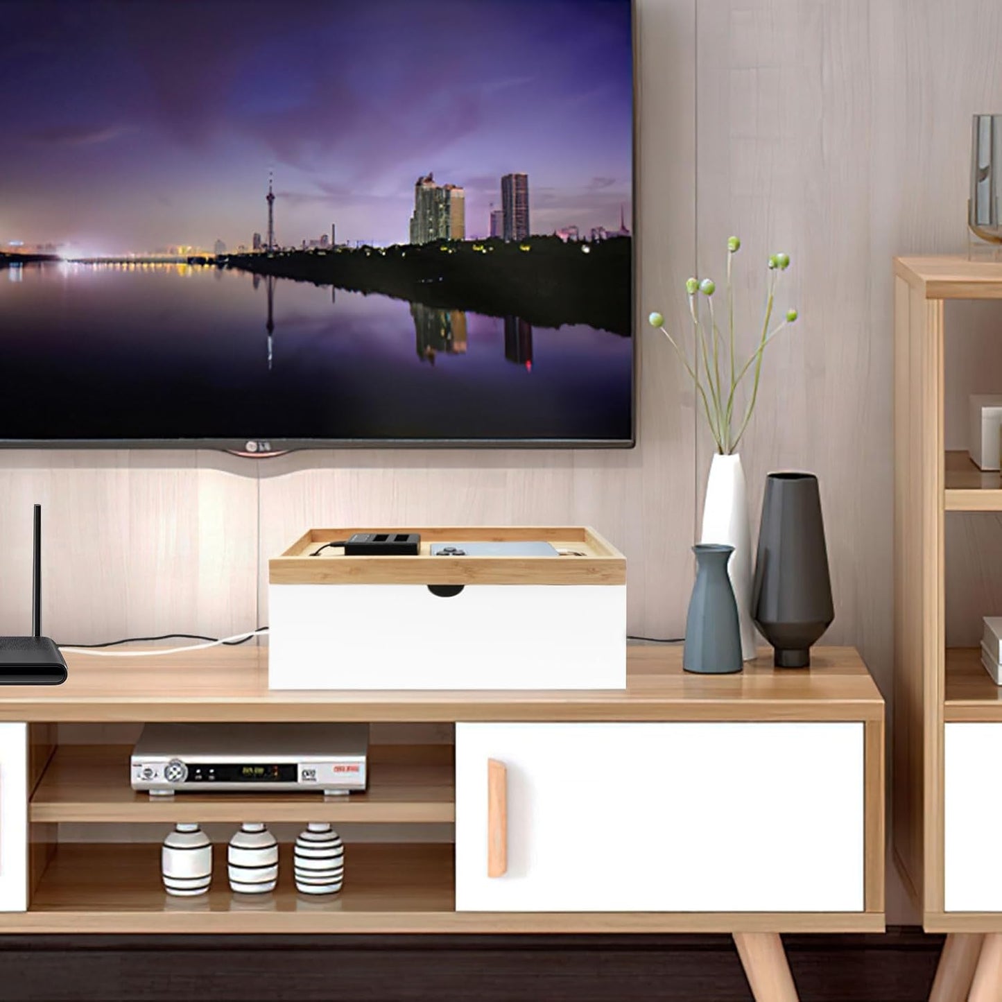 Bamboo Cable Management Box, Large Cord Organizer Box Cable Box to Hide Wires & Power Strips for Desktop Storage Cord Holder for Office Home,No Assembley Required (All White, Large)