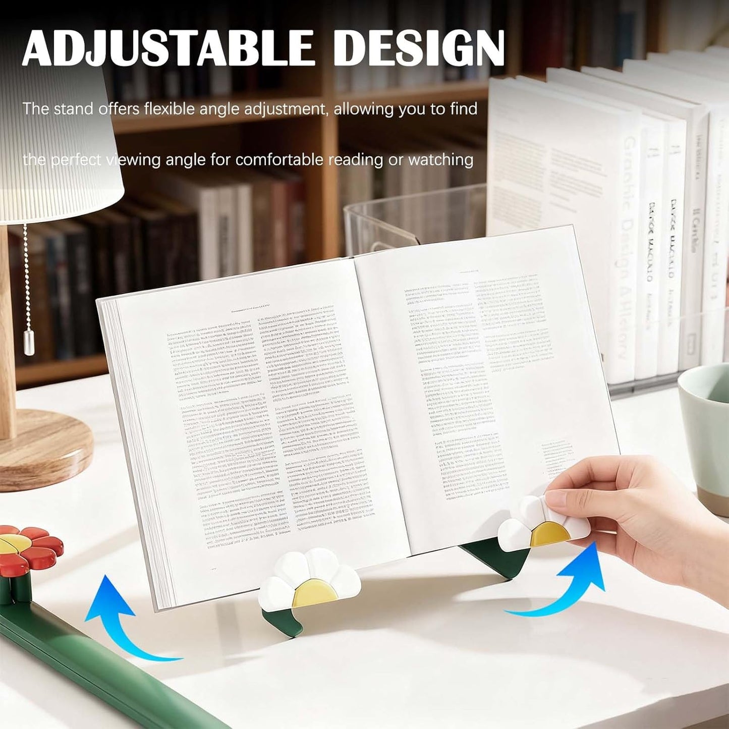 Floral Book Stand for Reading - Adjustable Foldable Desktop Holder for Tablets, Magazines, Cookbooks, Hands-Free Display at Home Office (White)
