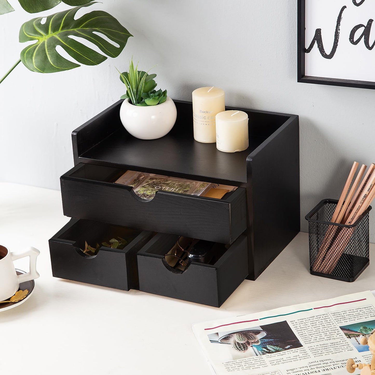 Rustic Distressed white 3-Tier Bamboo Desk Organizer with 3 Drawers Mini Storage Shelf For Desk, Toiletries Vanity Office Supplies (bamboo)