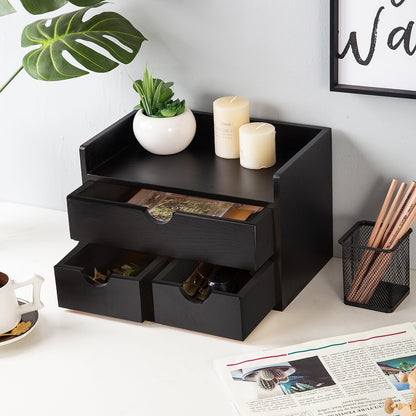 Rustic Distressed white 3-Tier Bamboo Desk Organizer with 3 Drawers Mini Storage Shelf For Desk, Toiletries Vanity Office Supplies (bamboo)
