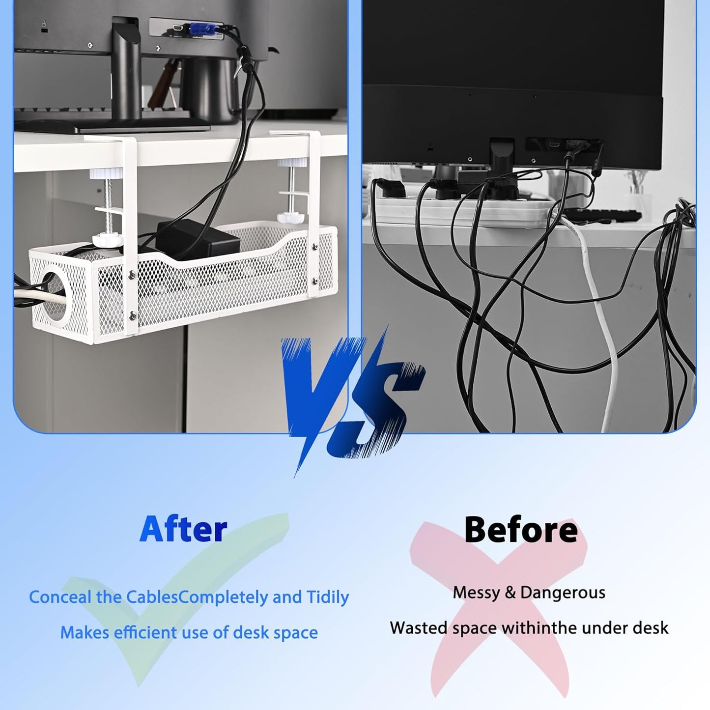Under Desk Cable Management Box 25.3 Inch – Clamp-Mounted Cable Organizer Tray, Large Cord Management Box for Office & Home, Wire Organizer Under Desk Storage, White