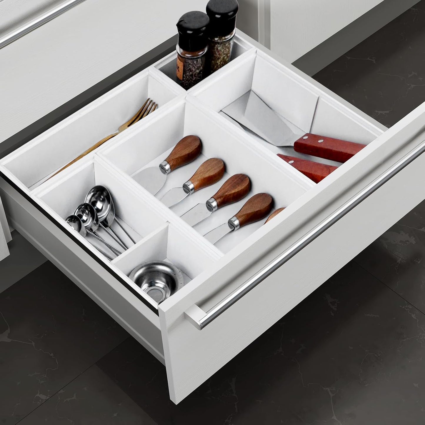 Bamboo Drawer Organizer,5 PCS White Bathroom Tray&Desk Organizers and Storage,Cabinet Divider With Removable Silverware Organization for Kitchen,Utensils,Junk,Office,Makeup