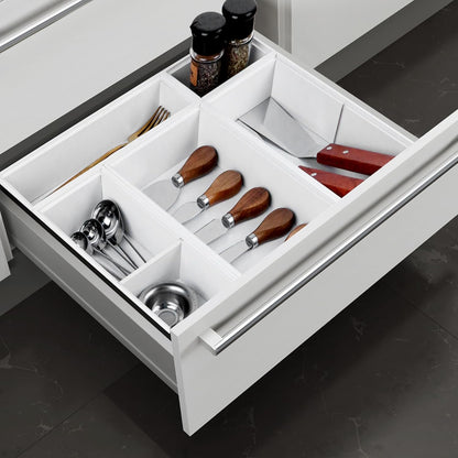 Bamboo Drawer Organizer,5 PCS White Bathroom Tray&Desk Organizers and Storage,Cabinet Divider With Removable Silverware Organization for Kitchen,Utensils,Junk,Office,Makeup
