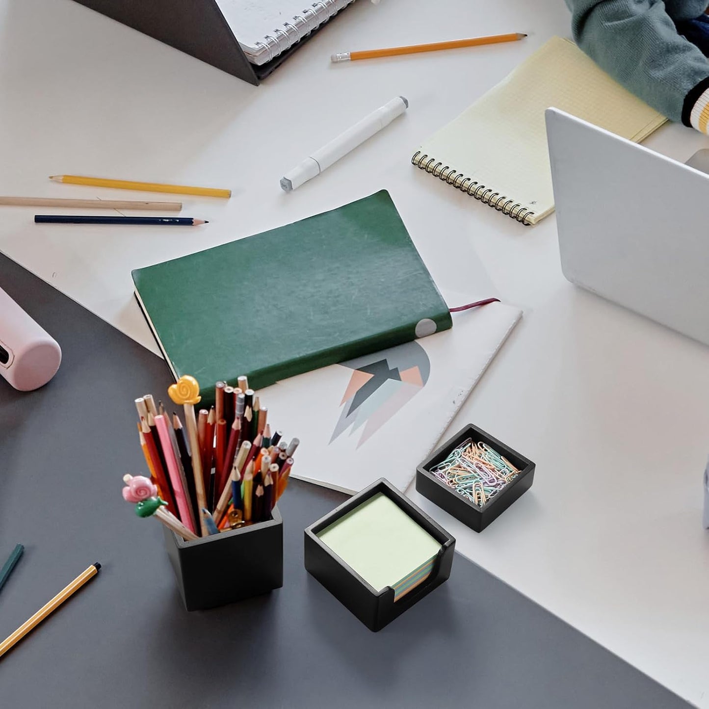 Desk Organizer Set of 3 - Bamboo Office Desk Accessories - Desk Organizers and Accessories for Women Men - Set incl. Pencil Pen Holder, Paperclip Storage and Sticky Note Holder