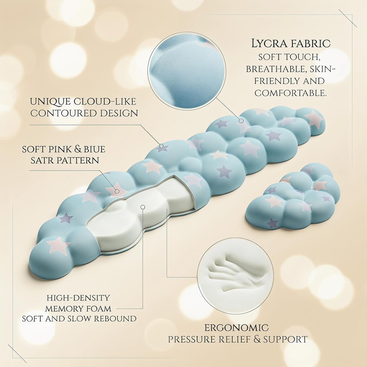 Cloud Wrist Rest Set for Keyboard and Mouse, Includes Cute Coaster, with Computers and Laptops（Purple Star Set）