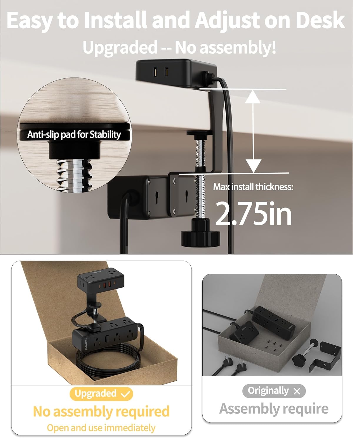 HOPOW Dual Layer Desk Clamp Power Strip, Desktop Edge Mount Charging Station with 13 Outlets 4 USB Ports (2 USB C), Under Desk Surge Protector(1700 Joules), 10 Ft Extension Cord for Office Home