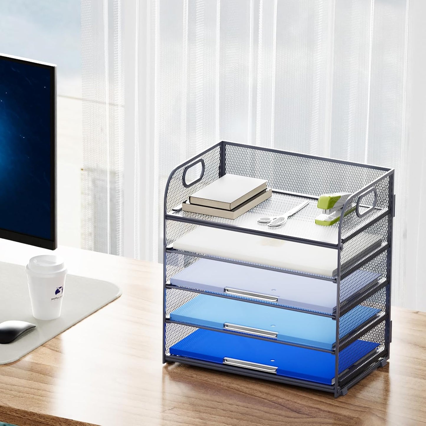 Marbrasse 5-Tier Letter Tray Paper Organizer with Handle, Multi-Functional Mesh File Organizer for Desk, Adjustable Compartments Mesh Desktop Storage for Office Supplies,Black