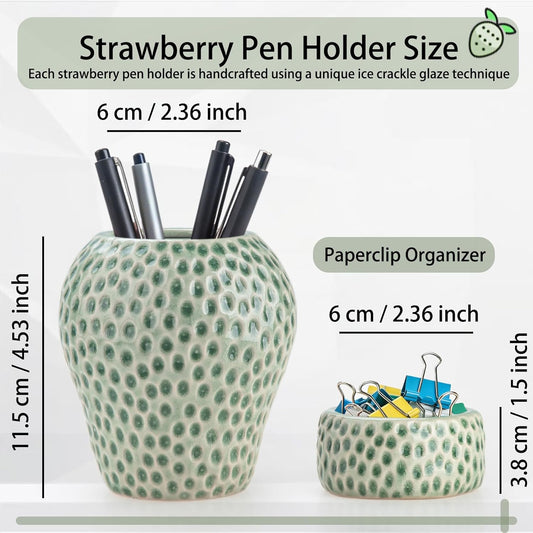 Ceramic Paper Clip Holder, Strawberry Pen Holder Set, Desktop Aesthetic Creative Storage Set of 2, Office Home Decor(Red)