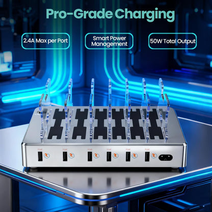 300W Fast Charging Station for Multiple Devices, 6 Port USB Charging Hub, Universal Desktop Charger Organizer Compatible with iPhone iPad Android Phones Tablets Kindle Home Office Travel