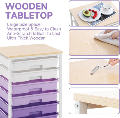 SYKIARIOL Rolling Storage Utility Cart with 6 Drawers and Wooden Tabletop for Under Desk Storage,White