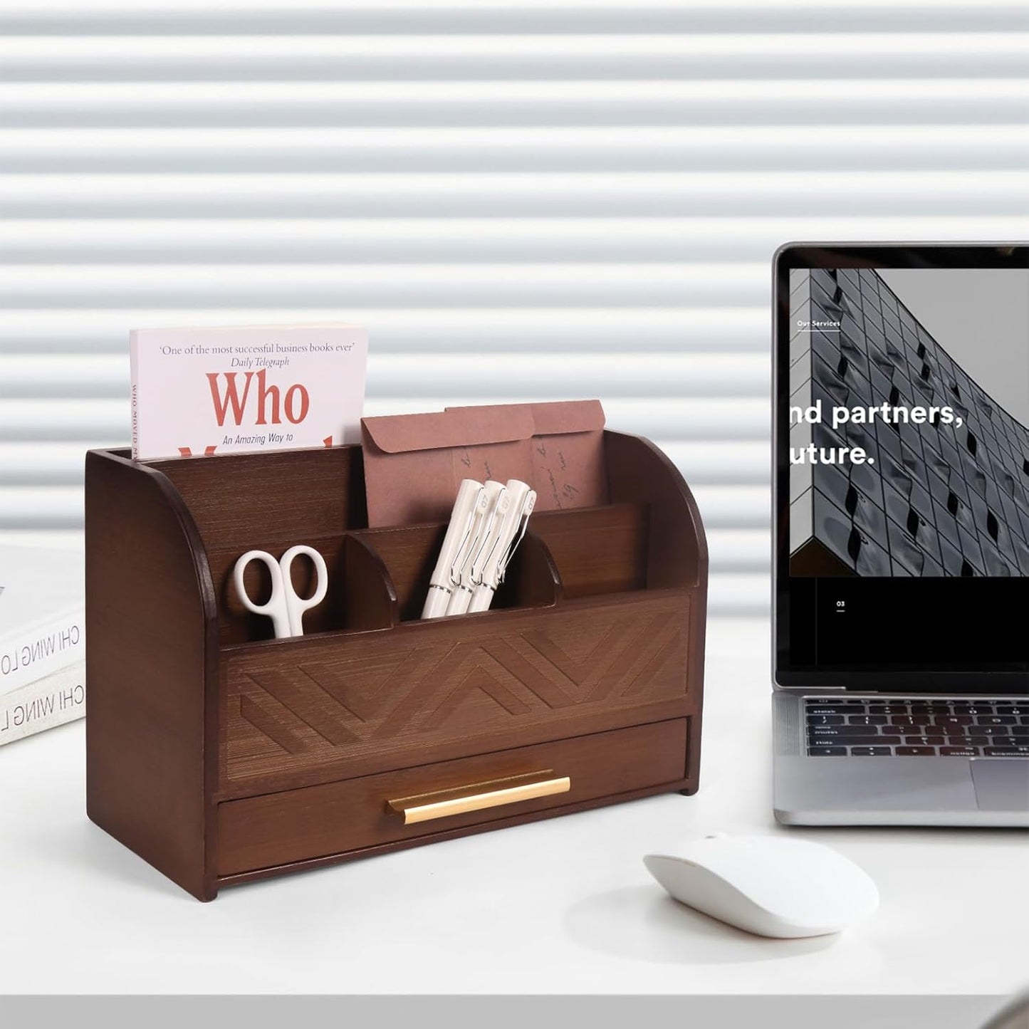 Mail Organizer Countertop Kitchen-White Mail Holder Countertop Drawers Wood Desk Drawer Tabletop Storage Organization Pen Holder Letter Sorter Makeup Organizer for School Home Office Supplies
