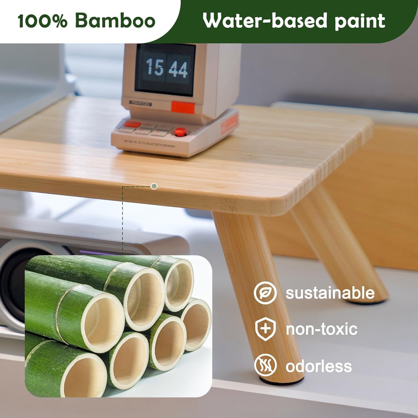 Bamboo Monitor Stand Riser with Cable Routing Slot, Ergonomic Computer Shelf for Desk, Natural Wood Desktop Organizer for Monitor Laptop Printer, Home Office Accessory