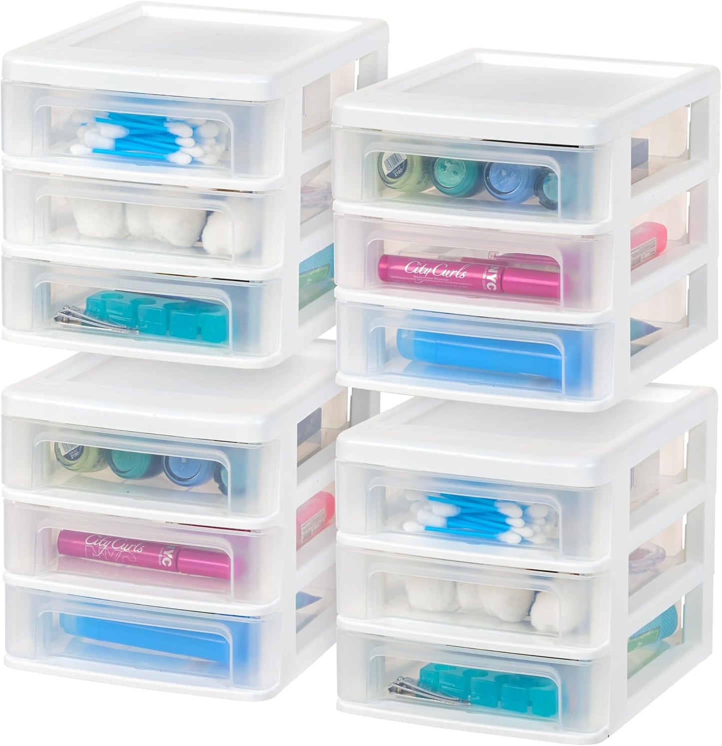 IRIS USA Plastic Stacking Desk Top 3-Drawer Storage Organizer, 2-Pack, for Makeup Vanity Nail Polish Bathroom Stationery Art Craft Supplies Kitchen Office Garage and Small Organization, Small, Black